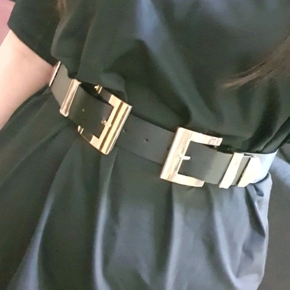 Gold Chunky double buckle Black vegan leather wide waist corset belt - Picture 15 of 16